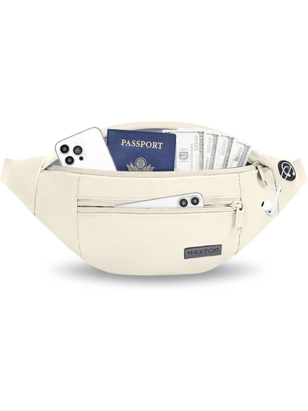 Men's Beige Large Crossbody Fanny Pack With 4-Zip Belt Bag Waist Pack Travelling